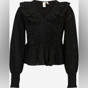 Y.A.S ‘Milda’ Black Floral Eyelet Ruffle V-Neck XL Peplum Top Cotton Long-Sleeve